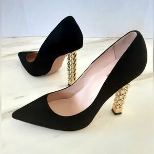 FSJ Trendy Pointed Toe High Heel Gold Metal Chain Pumps Sz 11